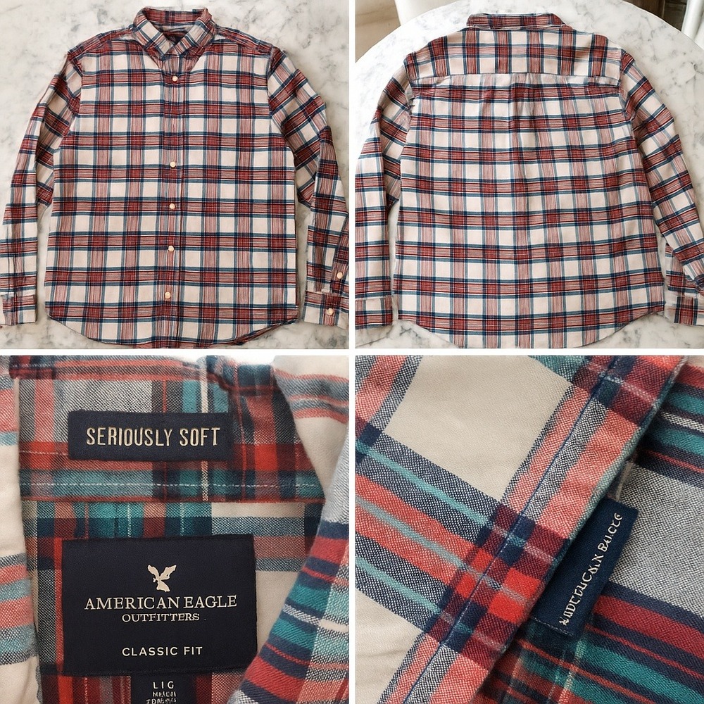 American Eagle Men L Button Down‎ Shirt Seriously Soft 100% Cotton Classic Fit